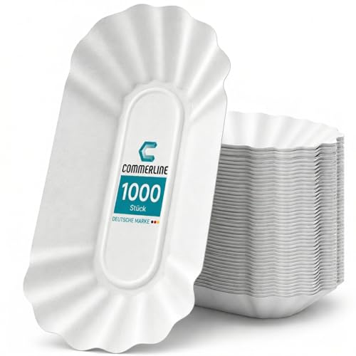 Commerline 250 Stück Pappteller Pappschalen Pommes Schalen (20 x 10 x 3 cm) | Teller aus Papier | Currywurst Einwegteller Partygeschirr Einweg Papierteller | Partyteller Pappgeschirr