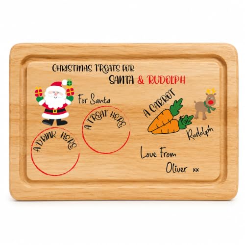 Image of Ellie Charles Personalised Santa Christmas Eve Board, Solid Wood Treat Tray for Santa and Rudolph, Custom Names, Drink Snack and Carrot Board, 30 x 20 cm