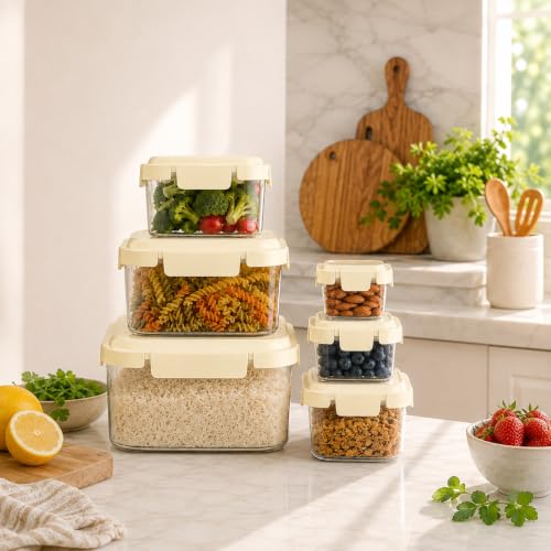 Image of Vasukie 6-Piece Airtight Plastic Food Storage Containers - Big Square Nesting Meal Prep Containers with Cream Airtight Locking Lids - Clear BPA-Free Kitchen & Pantry Storage Box Set