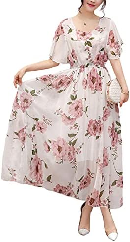 Honwenle Women's Summer Casual Floral Midi Dress Short Sleeve V Neck A Line Tiered Ruffle Flowy Chiffon Boho Beach Sundress