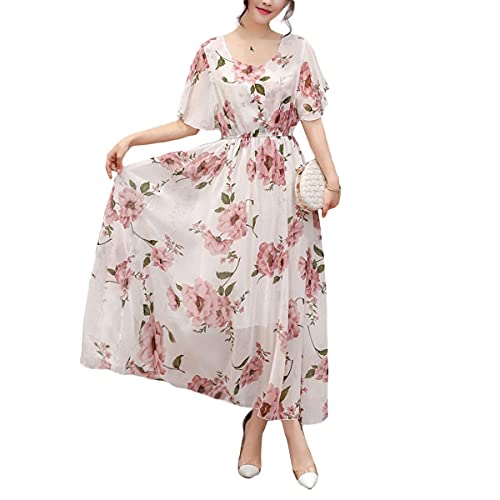 Honwenle Women's Summer Casual Floral Midi Dress Short Sleeve V Neck A Line Tiered Ruffle Flowy Chiffon Boho Beach Sundress