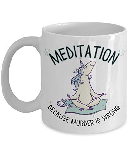 Heavily Meditated Mug Meditation Because Murder is Wrong Unicorn Lotus Pose Funny Yoga 11 o 15 oz. Blanco Bohemio espiritual cerámica café té taza