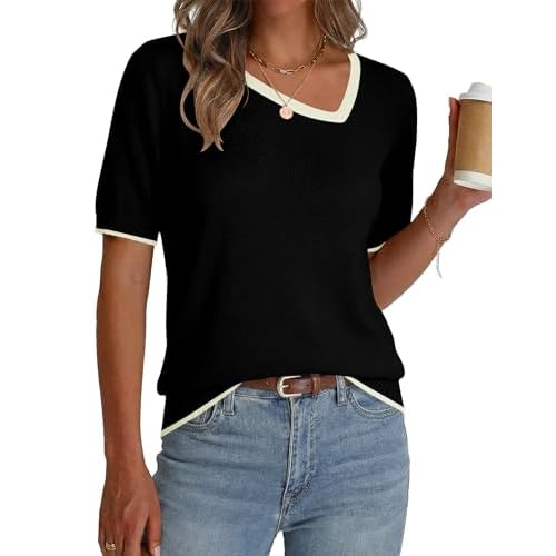 Rapbin Womens Short Sleeve Sweater Asymmetrical Neck Dressy Casual Fashion Summer Pullover Tops Sweater Blouse 2026 Black With Border Large