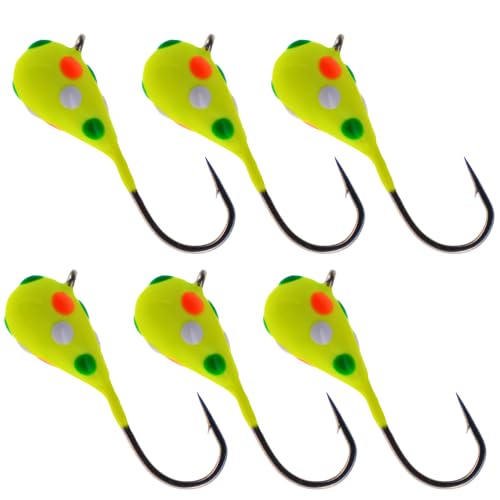 Reaction Tackle Tungsten Ice Fishing Jigs, Tear Drop Jig Heads that Glow with UV Light for Panfish, Crappie, Walleye, Perch, Trout and Bluegill - Wonder Chartreuse Glow Spots 6-pcs 6 mm Long Hook