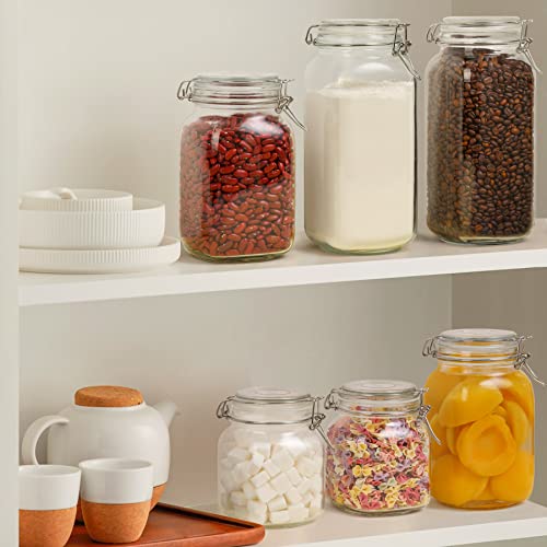 Image of ComSaf Airtight Glass Canister Set of 3 with Lids 34oz Food Storage Jar Square - Storage Container with Clear Preserving Seal Wire Clip Fastening for Kitchen Canning Cereal,Pasta,Sugar,Beans,Spice | Coffee beans, Tea sugar flour, Coffee station, Pantry organization, Small apartments, Countertop storage, Pickle