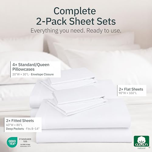 Image of Pack of 2 Super Soft 100% Cotton Queen Sheets Set, White | Lightweight & Breathable For Hot Sleepers, 14 inch Deep Pocket, All-Around Elastic, Durable, Easy Care, OekoTex Certified