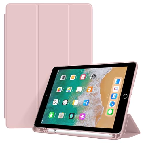Custodia per iPad 9,7 Pollici (6a/5a Generazione, 2018/2017) con Portapenne, Cover Tablet Antiurto Sottile con Retro in Morbido TPU con Auto Svegliati/Sonno, Rosa