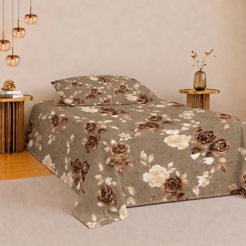 Image of IVAZA 260 TC Soft Ezyption Cotton Floral Single Bed Sheet - Single bedsheet with 1 Pillow Cover Hypoallergenic, Brethable, (Size- 90 x 60 Inch Chocolate Brown