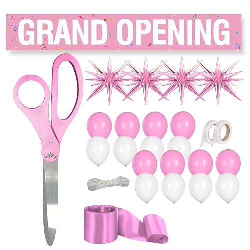 Ribbon Cutting Ceremony Kit Pink - 25 Inch Giant Scissors for Ribbon Cutting Pink Banner and Star Balloons Satin Ribbon for Special Events and Business Openings Inaugurations