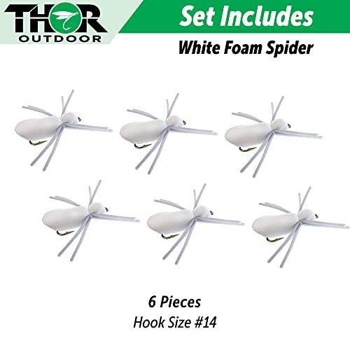 Thor Outdoor Foam Spider Fly Fishing Set – 6 Pc, White, Hook Size #14 - Topwater Dry Flies For Bass, Panfish, And Trout #TOP2