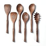 Gudamaye 12 inch Black walnut Wooden Utensils for Cooking, Long Handle Wooden Spoons for Cooking, 6 PCES Crafting Wooden Spoon Set, Wooden Kitchen Utensil set, Natural Black walnut Wooden utensil Set
