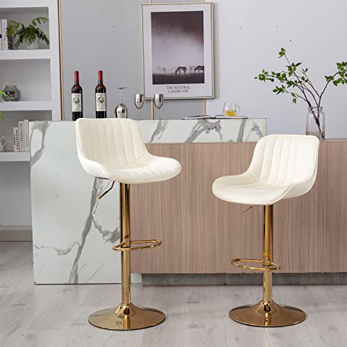 I-Pook Swivel Bar Stools Set Of 2, Adjustable Counter Height Barstools With Tufted High Back And Golden Footrest, Velvet Upholstered Bar Chairs For Home Bar Kitchen Island, Ivory #TOP19