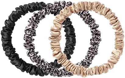 SLIP Skinny Scrunchies: Elevate Your Hair Game with Anti-Crease, Anti-Breakage Design,Crafted from Slipsilk™, Fierce: 3 Pure Silk Skinny Scrunchies in Black, Caramel & Leopard