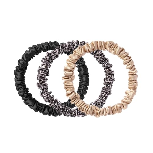 SLIP Skinny Scrunchies: Elevate Your Hair Game with Anti-Crease, Anti-Breakage Design,Crafted from Slipsilk™, Fierce: 3 Pure Silk Skinny Scrunchies in Black, Caramel & Leopard