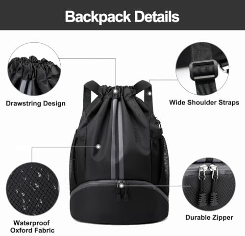 Hoedia Sports Drawstring Backpack - String Swim Gym Bag with Shoes Compartment&Wet Proof Pocket for Women&Men, Fit basketball - 4
