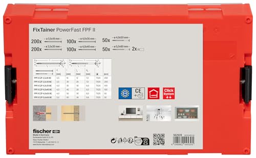 fischer FixTainer PowerFast II Spanplattenschraube, vorsortierte Sortimentsbox mit 700 Schrauben und 2 Bits, Senkkopf, Teilgewinde, Vollgewinde und TX-Antrieb, universelles Set zur Befestigung