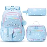 Fimibuke Backpack for Girls, 3 PCS Waterproof Kids Backpack with Lunch Box & Pencil Case Set, Cute Travel Bookbag School Bag for Kindergarten Elementary Middle High School Student Toddler Kids Teens