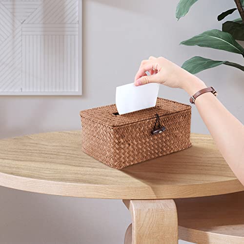 Wicker Woven Tissue Box Cover, Decorative Rattan Facial Tissue Holder, Vintage Seagrass Rectangular Napkin Holder Pumping Paper Case Dispenser For Bathroom, Bedroom, Shelves, Living Room (Brown) #TOP6
