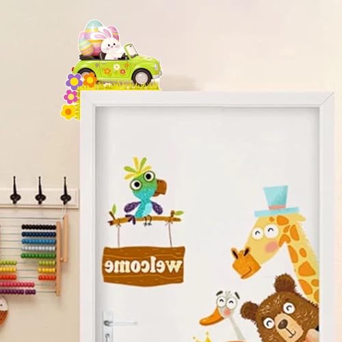 KASESSS Türrahmen Deko Ostern, Lustige Osterdeko Tür, Osterdekoration Holz, Kaninchen Fährt Auto mit Ostereiern Türdeko mit Rundaufkleber für Tür, Fenster, Kamin Festival Ornament Home Decor