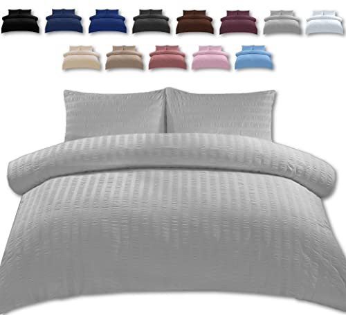 TheWhiteWater Super King Size Bed Duvet Set - 2 in 1 Seersucker Super King Bedding Set – Duvet Cover + 2 Matching Pillowcases (Silver, Super King - Duvet Cover ONLY)