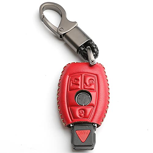 MJKEY Key Fob Cover for Mercedes Benz C E M S CLS CLK GLK GLC G Class Genuine Leather 3/4 Buttons Car Key Fob Cover Case with Keychain (Red)