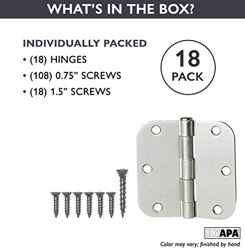 Ilyapa 18 Pack Brushed Nickel Door Hinges For Doors, 3.5 X 3.5 Inch Interior Satin Nickel Door Hinges Door Hardware, For Doors 3 1/2 Inches, With 5/8 Inch Radius Corners #TOP2