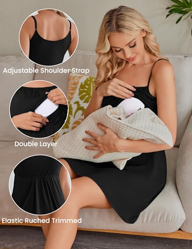 Ekouaer Womens Nursing Dress Summer Breastfeeding Maternity Clothes Black — view 4
