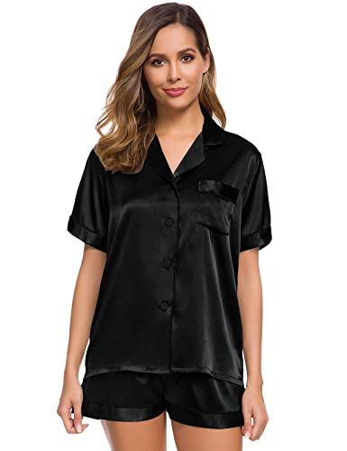 Image of SWOMOG Womens Silk Satin Pajamas Set Short Sleeve Sleepwear Button Down Top and Shorts Loungewear 2 Piece Pjs Set XS-3XL