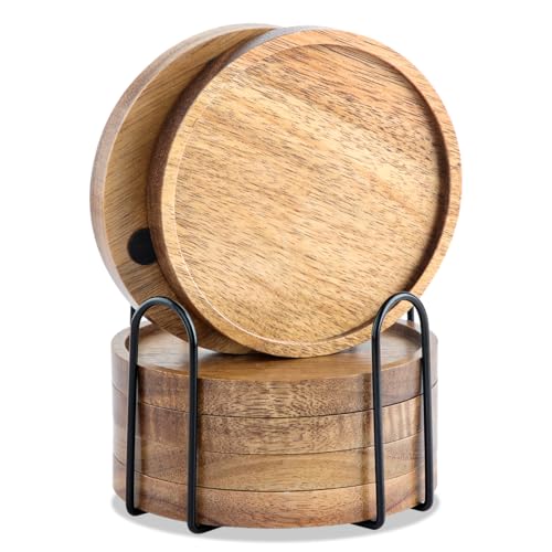 WLWNWFT Acacia Wood Coasters for Drinks with Lip 4.33in Round Drink Coaster with Holder for Coffee Dining Table Wooden Table Coasters for Farmhouse Desk Set of 6