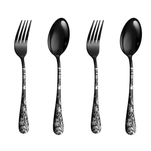 Image of Charcoal Black 4-Piece Cutlery Set with Floral Printed Handle | 2 Tablespoons & 2 Dinner Forks (8.1 inch) | Durable Stainless Steel Tableware for Home, Restaurants, and Gift Giving