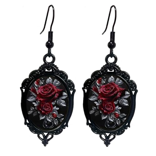 Gothic Rose Cameo Dangle Earrings,Vintage Crystal Glass Flower Drop Earring