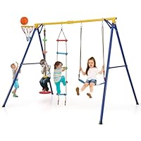 GYMAX 4 in 1 Kids Swing Set, Metal A-Frame with Belt Swing, Climbing Ladder, Disc with Rope, Basketball Hoop & Ground Stakes, Outdoor Children Playground Set for 3-9 Years Old, Max Weight 300kg
