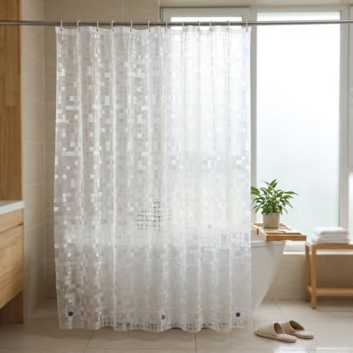 Image of Plastic Shower Curtain Liner 69x70 Inch, 8G Heavyweight Peva Waterproof Heavy Duty Bathroom Shower Liner with 12 Plastic Rings, Geometric (Geometric, 69''W x 70''L)