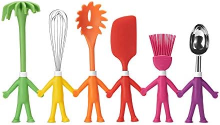 Kitchen Utensils Set In Human-Shape– 6 Pcs cute kitchen accessories, Cooking Gadgets, funny gift, Silicone Spatula, Potato Masher, Whisk, Ice Cream Scoop, Basting Brush, & Pasta Fork