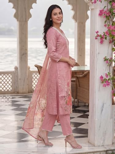 Image of INDO ERA Women's Straight Linen Floral Printed Embroidered Kurta & Pant with Dupatta Set