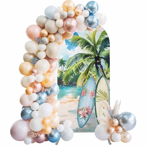 Summer Beach Wedding Arch Cover, Stretchy Spandex Arch Backdrop Stand Covers 6 FT, Tropical Coastal Palm Tree Surfboard Round Top Arched Backdrop Cover for Birthday Party Ceremony Baby Shower Event