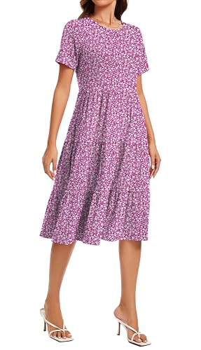 Image of Womens Summer Short Sleeve Crew Neck Midi Dress 2026 Casual Fit Flowy Tiered Beach Vacation Sundress with Pockets