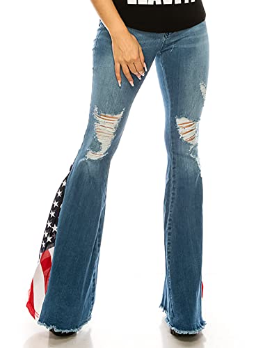 Women's Ripped American Flag Bell Bottom Jeans High Waisted Frayed Raw Hem Casual Slim Denim Pants3