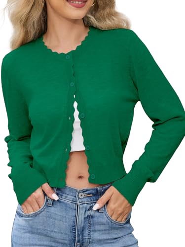 Lyrur Christmas Outfits for Women Long Sleeve Button Down Crewneck Cardigan Sweater (XL,7068-Green)