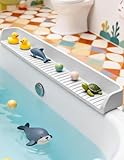 Splash Guard for Bathtub 31.5 Inch Silicone Tub Splash Guard with 11 Suction Cups Foldable Bath Toy Holder & Play Shelf Prevents Water Spills for Standard Tubs (Light Gray)