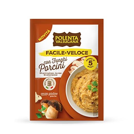 Valsugana, Polenta con Funghi, Facile e Veloce, Confezione da 80g, Preparato per Polenta Rapida, Pronta in 5 Minuti, Senza Glutine
