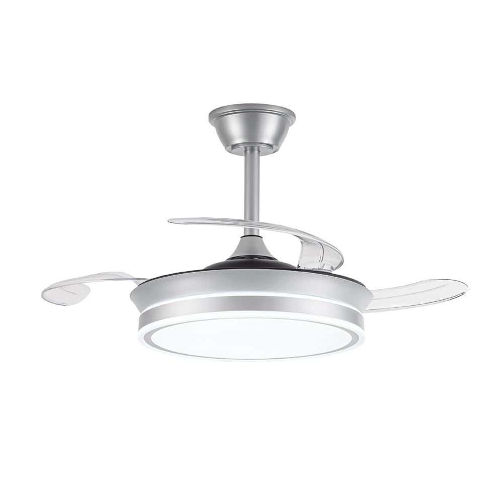 wonderlamp - Ventilador de techo Smart con APP y mando a Distancia, Ventilador de techo con aspas retráctil, Miso Mini Evo Plata 46W, Memoria de encendido, 3 CCT, Intensidad Regulable, Silencioso
