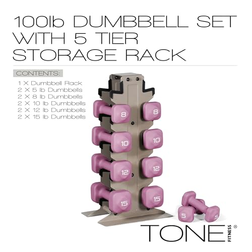 Image of Tone Fitness Neoprene Dumbbell Set with Storage Rack - Non-Slip, Anti-Roll Hand Weights for Home Gym Workouts | 20 lb, 32 lb, 50 lb, 60 lb & 100 lb Options
