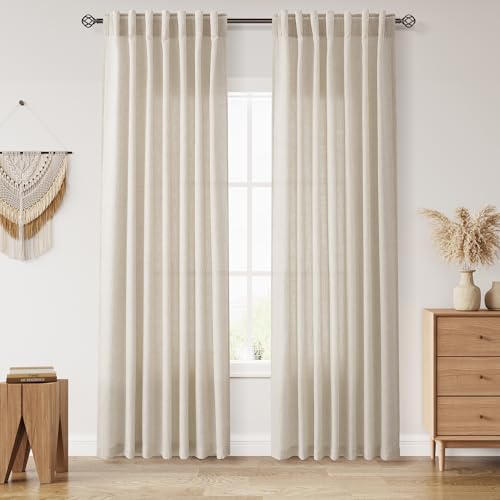 Image of Nanspring Boho Linen Curtains 84 Inches Long for Living Room Light Filtering Semi Sheer Curtain Back Tab Eclectic Home Decor Modern Elegant Luxury Drapes for Bedroom Office 52x84,2 Panels