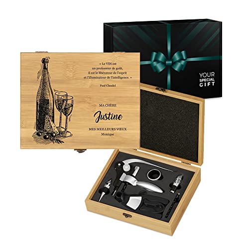 Maverton Ensemble d'accessoires pour vin dans Le Coffret en Bois de Bambou, Accessoires Vin avec la boîte gravée, Cadeau pour Chaque Femme - avec Personnalisation - goût