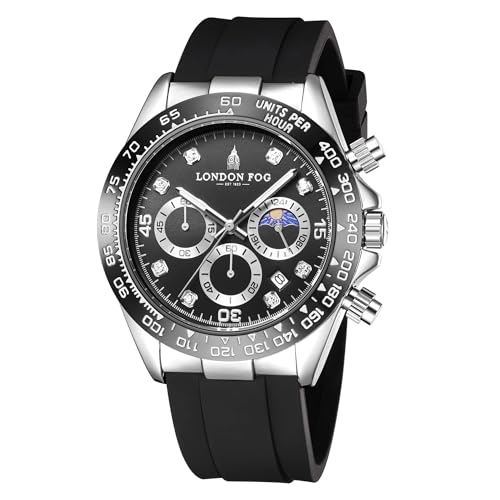 Image of London Fog Bond Collection Analog Quartz Watch for Men with Round Dial and Silicone Strap, Metal Case with Tachymeter Bezel, Chronograph Function, Date Display, Luminous Hands & Hour Markers, Water Resistant