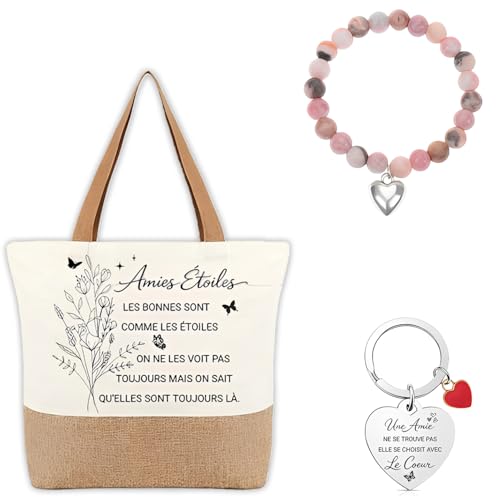 Cadeau Meilleure Amie Femme, Sac Cabas Amie avec Message Touchant, Porte Clés Cœur Gravé et Bracelet Perles Cœur, Idée Cadeau Anniversaire Noël pour Amie...
