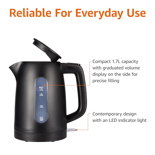 Amazon Basics Electric Kettle 1.7L, 3000 W, BPA-Free with 360° Base, Auto Shut-Off and Removable Anti-Scale Filter, Matte Black