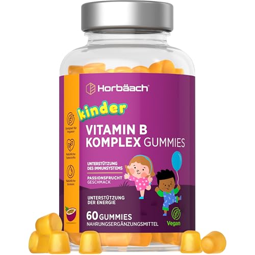 Multivitamin Gummibärchen für Kinder | Vitamin B Komplex mit B3, B5, B2, B6, B12, Zink, Folsäure, Jod & Biotin | Passionsfruchtgeschmack | Horbaach
