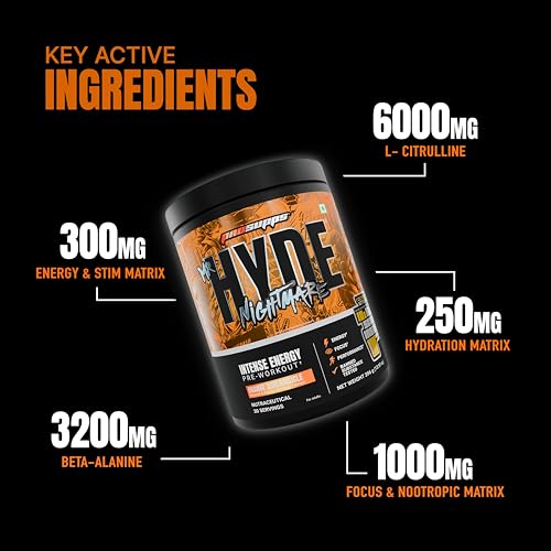 Image of ProSupps Hyde Nightmare Orange Screamsicle Pre Workout Powder, 30 Servings | 6000 mg Citrulline, 3200 mg Beta-Alanine, Nootropics, Electrolytes, FSSAI Compliant, Banned-Substance Screened